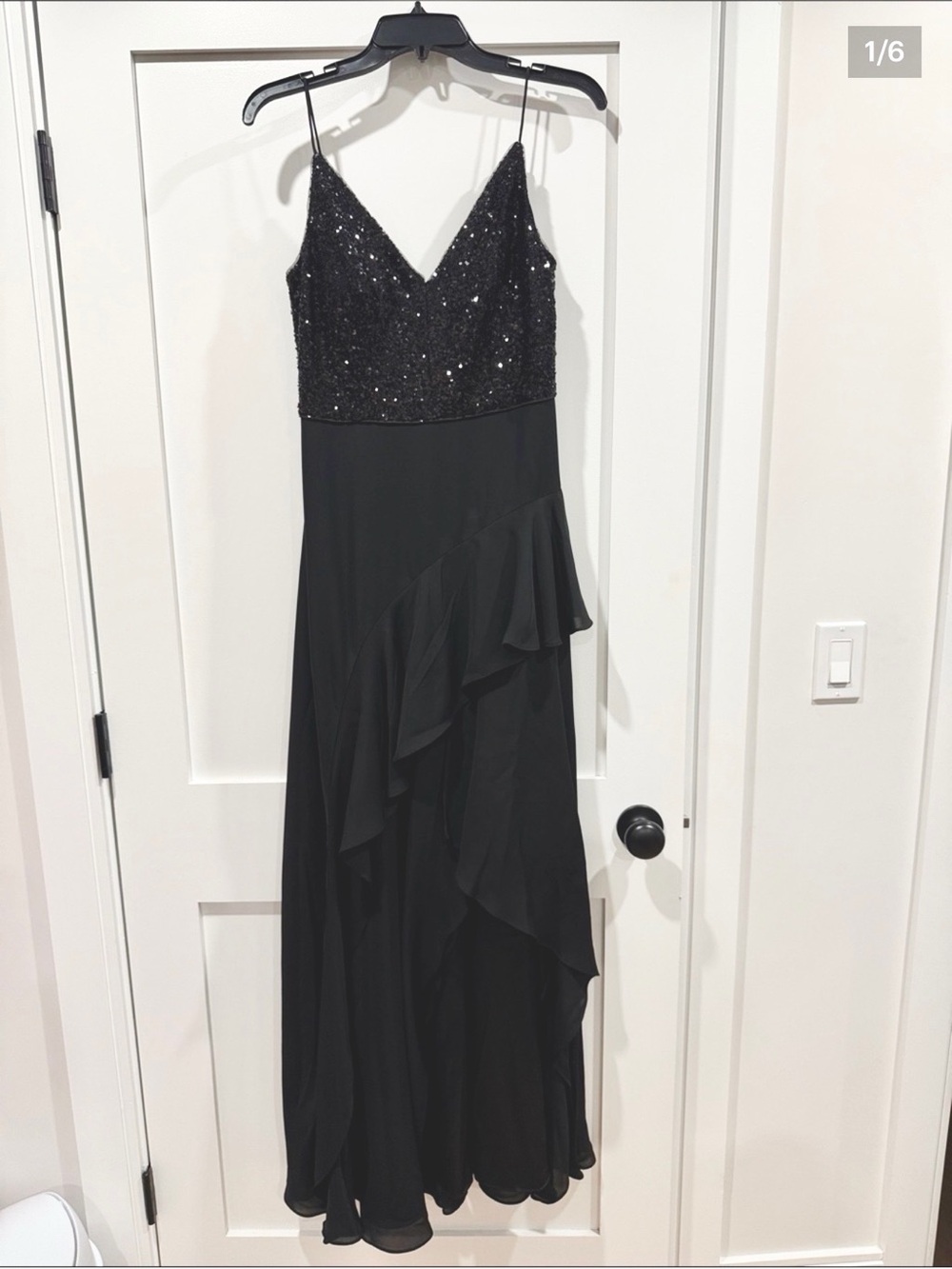 Calvin Klein Black Sequin Bodice Ruffle Evening Dress size 4